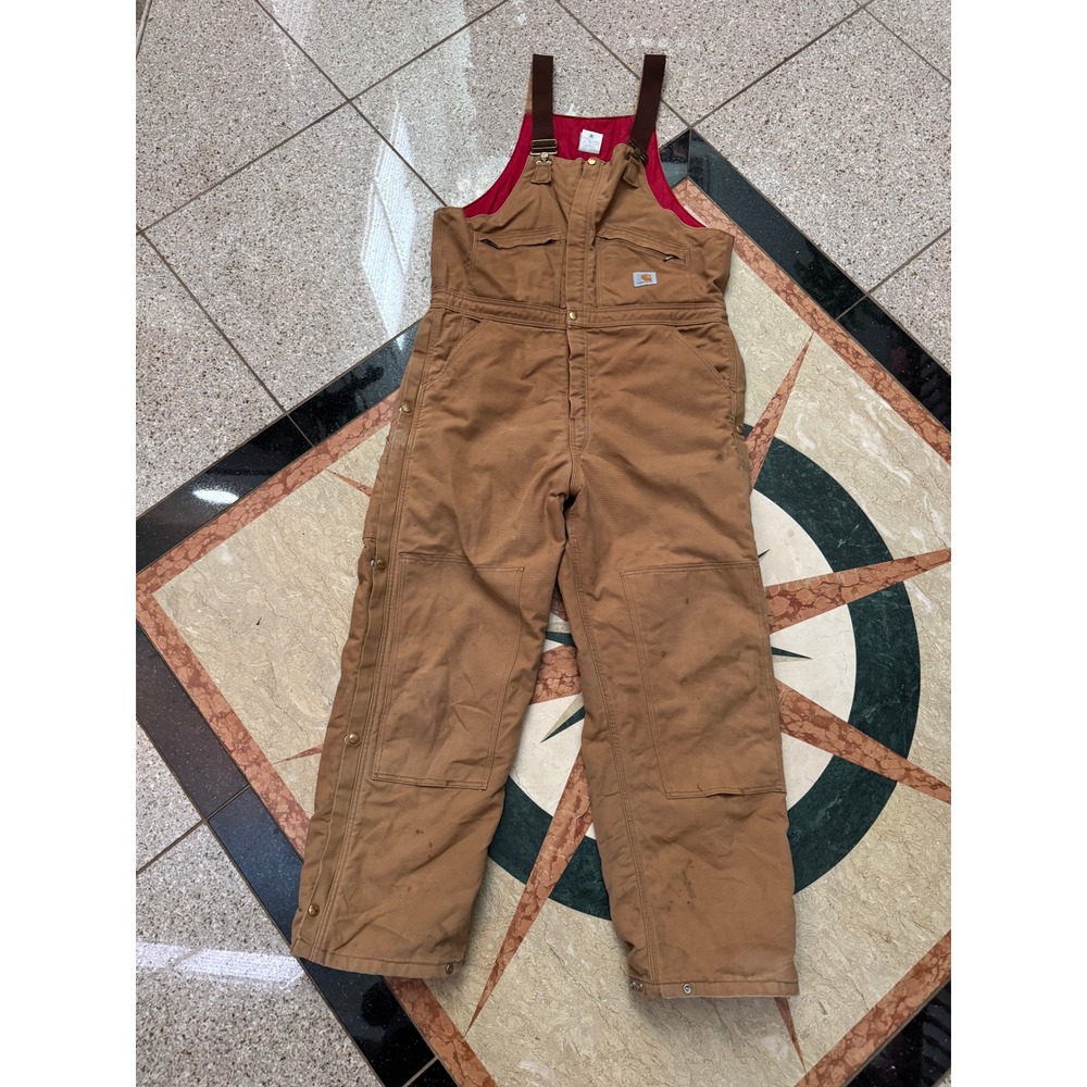 Carhartt R04 BRN Quilt Lined Duck Bib Overalls Brown 40 x 30 Double Knee Mens